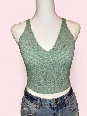 debut Sage Green Knit V-Neck Crop Tank
